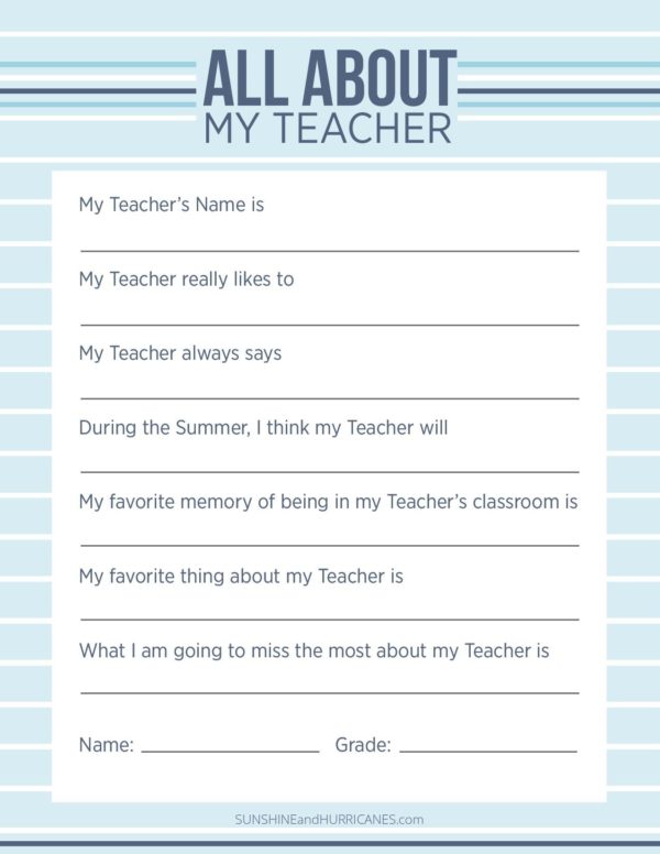 Teacher Appreciation Week Questionnaire - A Personalized Teacher Gift