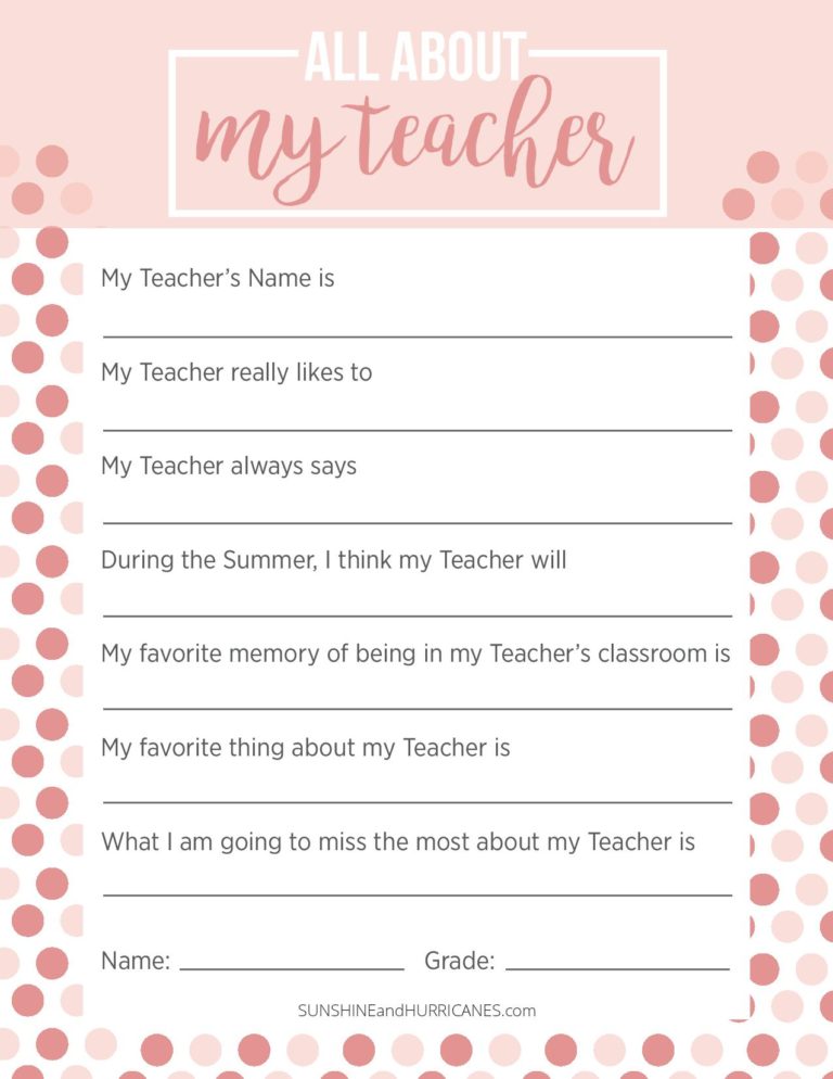 Teacher Appreciation Week Questionnaire - A Personalized Teacher Gift